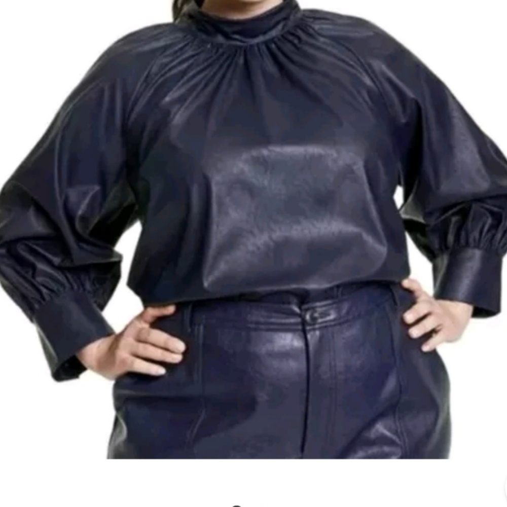 NWT Rachel Comey Navy Blue Long Sleeve Faux Leather Tie Back Top Size 3X